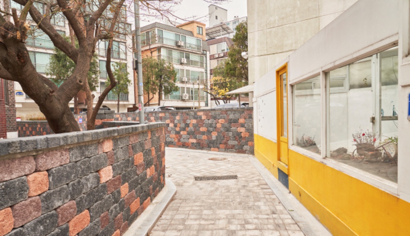 연남동 카페 골목, 노란 문과 벽돌 담장
